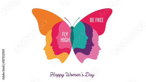 Vibrant butterfly with human silhouettes celebrating happy women's day in bright colors