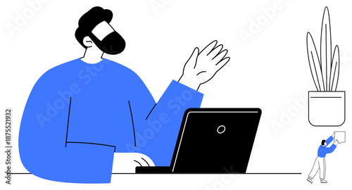 Remote work concept. Person engaged in online activities at laptop, remote work and digital collaboration. Remote work productivity and team communication. For technology, freelancing, business