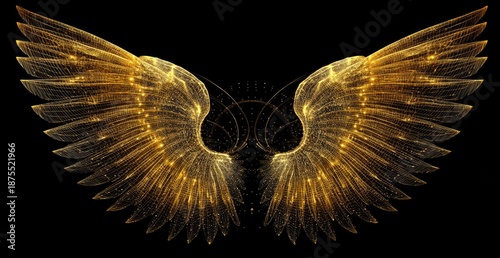 Glowing golden wings, fractal in design, set against a stark black background