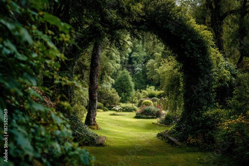 Lush archway frames a verdant garden with pathways and flourishing greenery