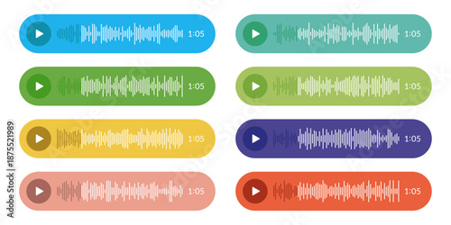 Collection of colorful Voice Message icon. Record voice note messages players with waveforms, playback controls and durations audio icon set for smartphone chat app, podcast interfaces Vector design
