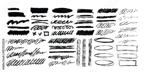 Chalk doodles and lines set. Doodles with grunge textures of pastel, charcoal, and drybrush. Underlines, scribbles, abstract swirls. A collection of design elements. Vector illustration.