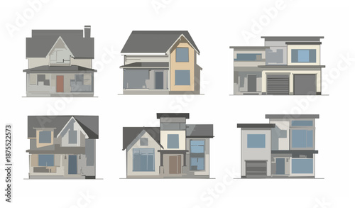 Professional vector illustration of modern and classic house exteriors presented as isolated facades. Includes cottages with front porch, single-family homes with garages, and compact city houses. Sli