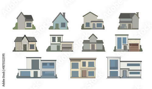 Isolated residential building facades with cottage and city houses real estate vector on white background