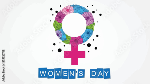 Vibrant women's day symbol with floral elements and bold typography on white background