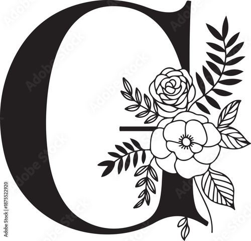 Floral alphabet letter c with flowers and leaves silhouette vector illustration isolated on transparent background