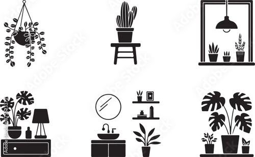 Set of black vector silhouettes showcasing various popular indoor house plants and furniture arrangements interior decoration objects