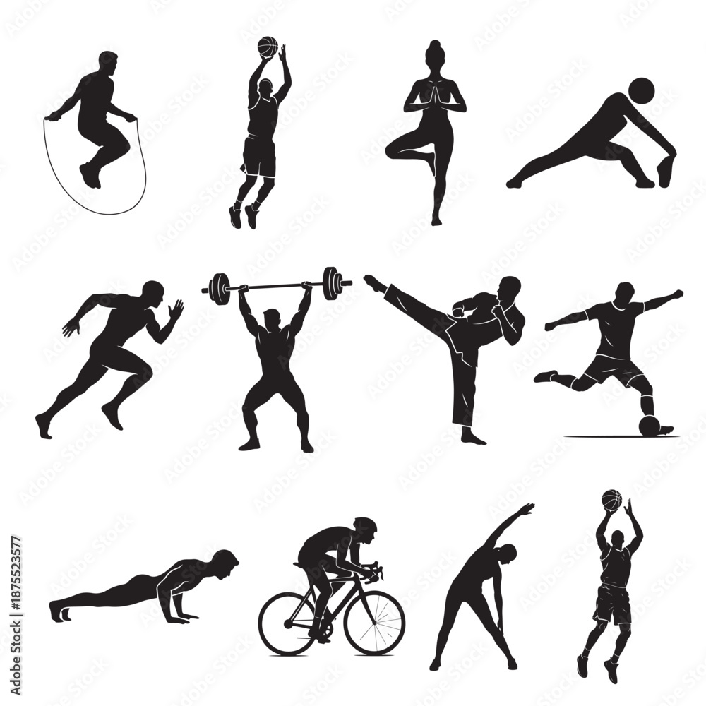 Obraz premium Set of Athletic Silhouettes Representing Various Sports, Fitness, and Healthy Lifestyle Activities