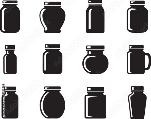 Assortment of various glass storage jars and bottles in silhouette showing different shapes for preserving and holding