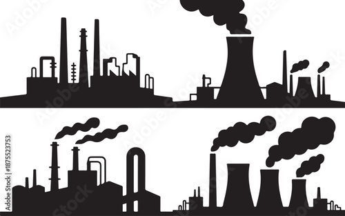 A comprehensive set of industrial factory silhouettes with smoking chimneys, suitable for energy or manufacturing topics