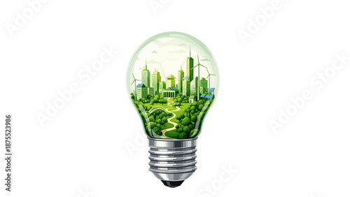 A conceptual image of a green city inside a light bulb, symbolizing green energy, sustainability, and environmental consciousness. 