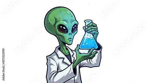 An alien scientist with a flask is conducting an experiment