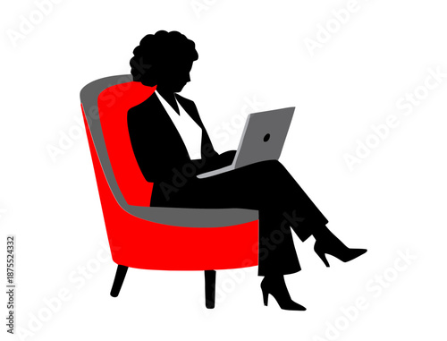 A woman in business attire sits on a red chair using a laptop in a simple vector graphic