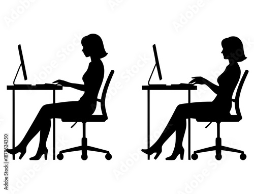 Two women sitting at desks with good and bad posture in a vector graphic illustration
