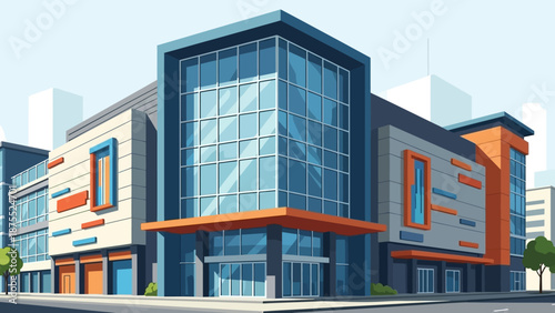 Modern Shopping Mall Exterior with Glass Facade.
