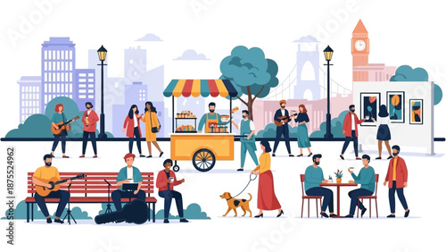 People enjoying a sunny day in a city park with street performers and food vendors.