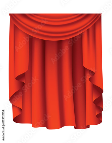Red curtains realistic. Theater fabric silk decoration for movie cinema or opera hall. Curtains and draperies interior decoration object. Isolated on transparent for theater stage