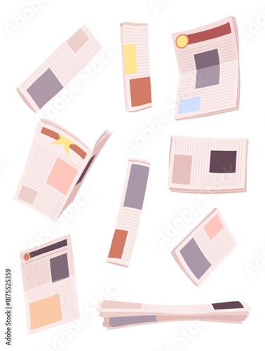 Cartoon newspaper. Daily journal press tabloid with headline front page, city paper magazine newsprint publication, folded daily journal and newspapers. Vector set