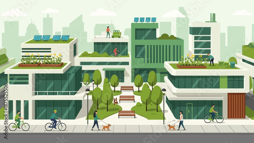 Sustainable Urban Living with Green Buildings and Rooftop Gardens.