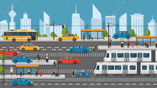 Urban Cityscape with Diverse Transportation and Buildings.