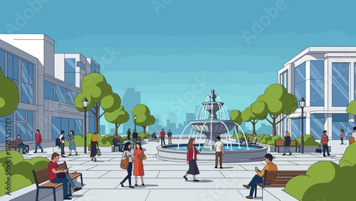Urban Plaza with People and Fountain.