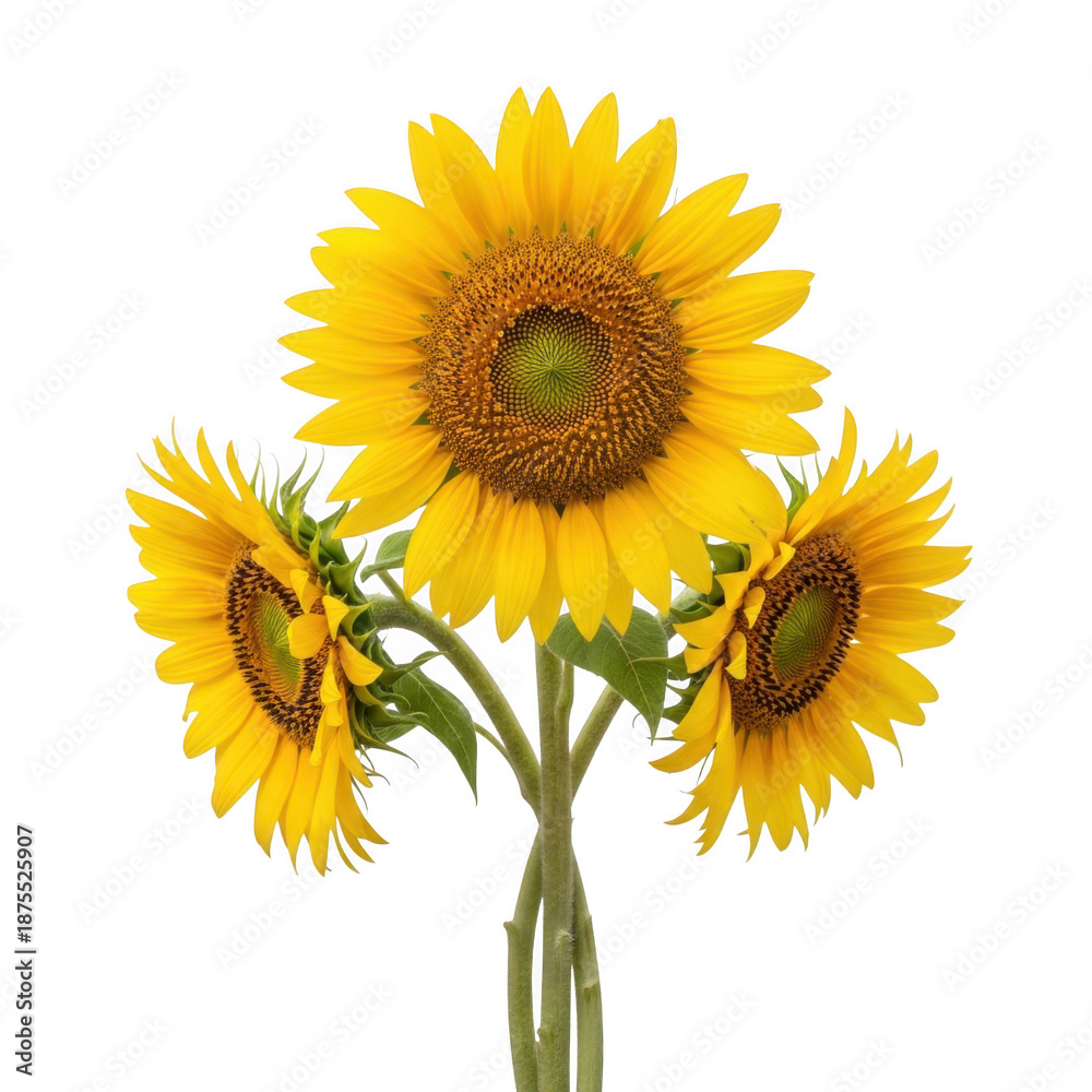Obraz premium Three sunflowers isolated on transparent background