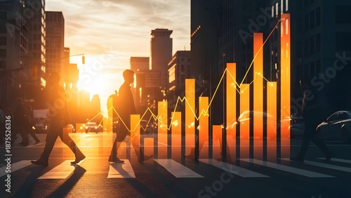 Stock market growth bar graph overlay on city street. Urban economy and financial success. Business people walking across a crosswalk with rising data charts at sunset