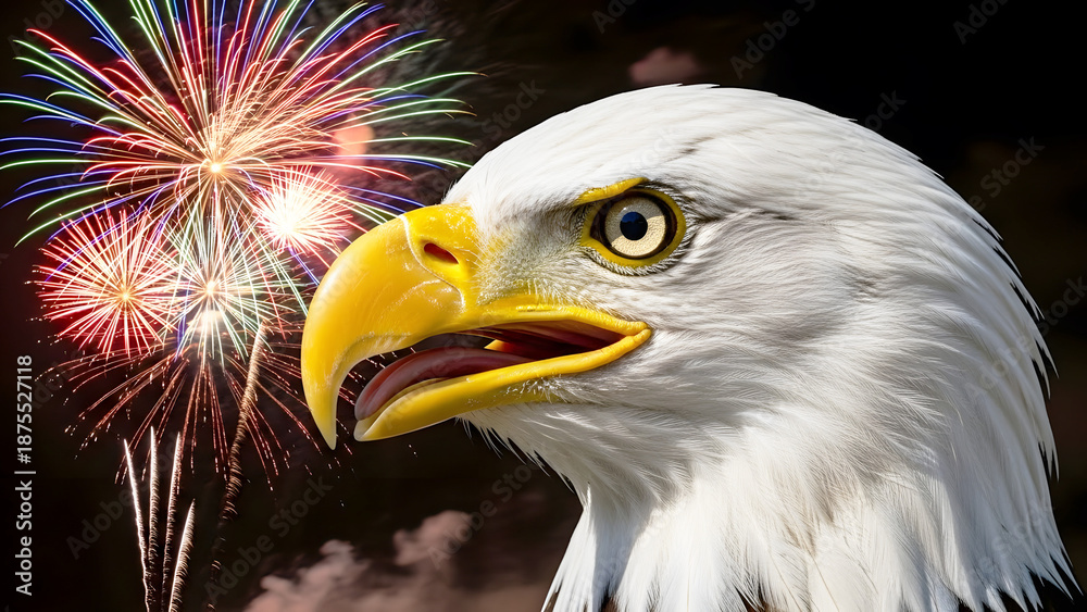 Fototapeta premium Bald eagle close-up against colorful fireworks background 