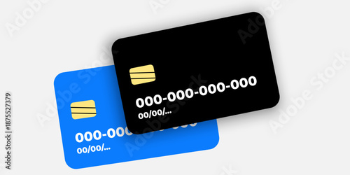 Bank Card, Finance, Digital Transaction – Black credit card stacked on a blue card in 3D perspective. Modern banking and electronic payment concept ideal for commerce, e-wallets, and financial service
