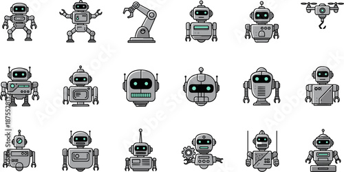 Cute robot and android character icons for technology and automation
