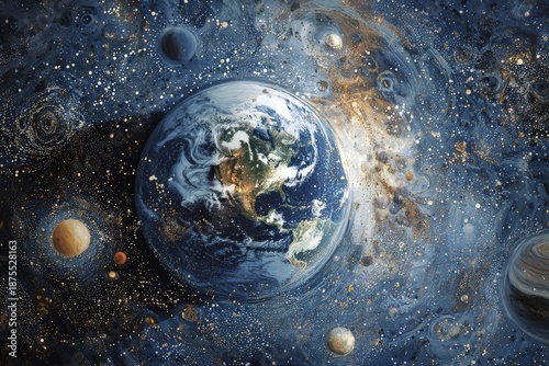 A painting depicting Earth and other planets amidst a swirling cosmic nebula