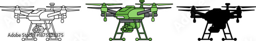 Professional delivery and surveillance drone set in outline, flat color, and silhouette styles for technology design.