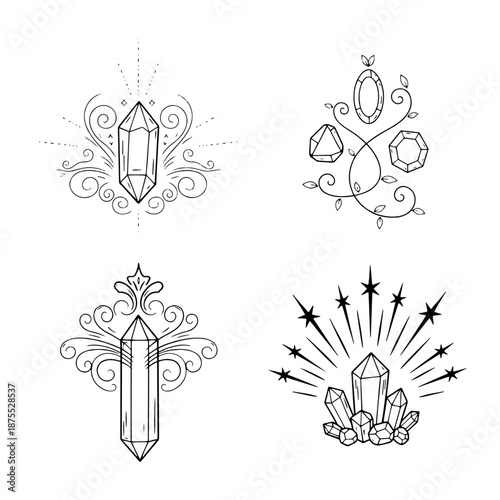 Collection of stylized crystal illustrations with ornate decorative elements and starbursts
