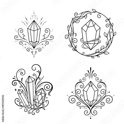 Mystical Crystal Embellishments and Ornate Floral Border Designs for Enchanting Visuals