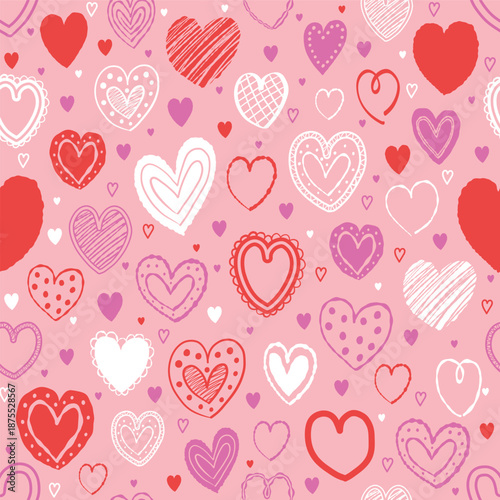 Cartoon style seamless pattern with cute hearts. Texture with hand drawn shapes. Doodles. Design for Valentine’s Day, Mother’s Day and Women’s Day. Vector illustration