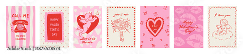Valentine’s Day poster set with hand drawn doodle greeting card designs in romantic pink style. Cute  love banners and invitations with lips,cupids, kiss and heart shapes for holiday prints and party 