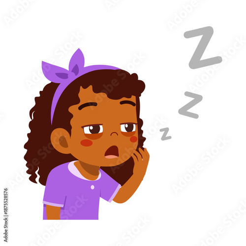 A young Black girl yawning and rubbing her sleepy eye with a tired expression and Zzz symbols