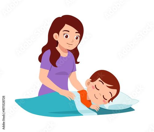 A kind mother with brown hair smiling lovingly tending to her peaceful young child sleeping soundly under a soft blue blanket and pillow