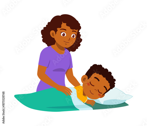 African American mother gently tucking her peacefully sleeping child into bed with a caring expression