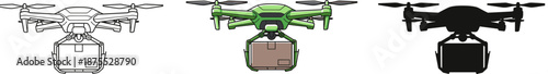 Professional delivery and surveillance drone set in outline, flat color, and silhouette styles for technology design.