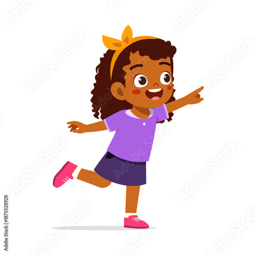 Happy African American Girl Smiling Pointing Standing on One Leg in Joyful Pose
