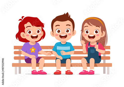 Three happy smiling children sitting together on a wooden bench with joyful expression