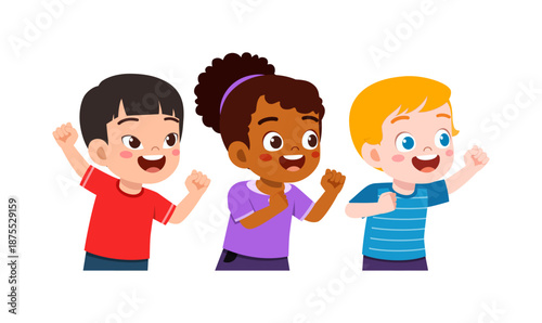 Three happy excited diverse children cheering with raised fists celebrating success joyful expression
