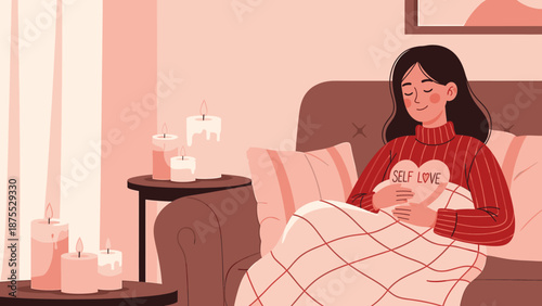 Self-care and relaxation Woman holding heart-shaped pillow on sofa