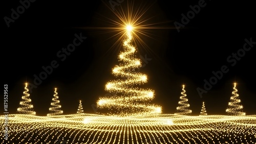 Golden Christmas trees and festive holiday background. Winter celebration and magic atmosphere. Spiral glowing particles forming multiple Christmas trees on a dark wavy field