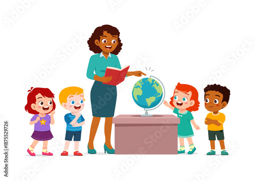African American teacher explaining geography to happy diverse students with a globe in a classroom setting