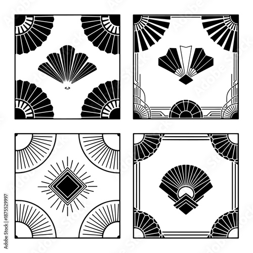 Art Deco ornamental motifs and decorative graphic elements in black and white vector patterns
