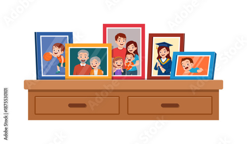 Happy family photos displayed on a wooden table capturing various life moments and memories