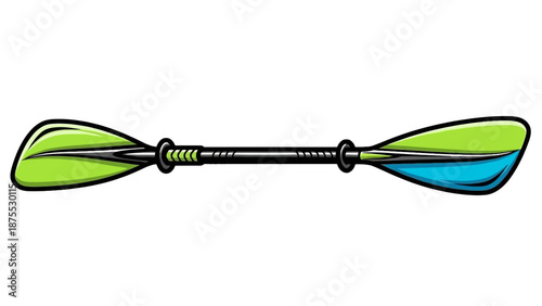 Illustration of a double-ended paddle with green and blue blades on a white background
