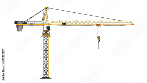 A yellow construction crane with a hook lifting heavy loads against a white background